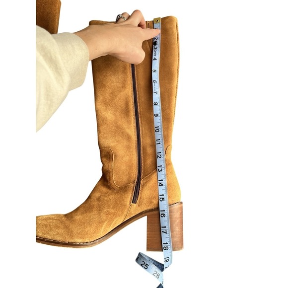 Women's Brown Suede Leather Campus Block Heel Tall Zip Up Square Toe Boots 9.5 - Picture 9 of 12